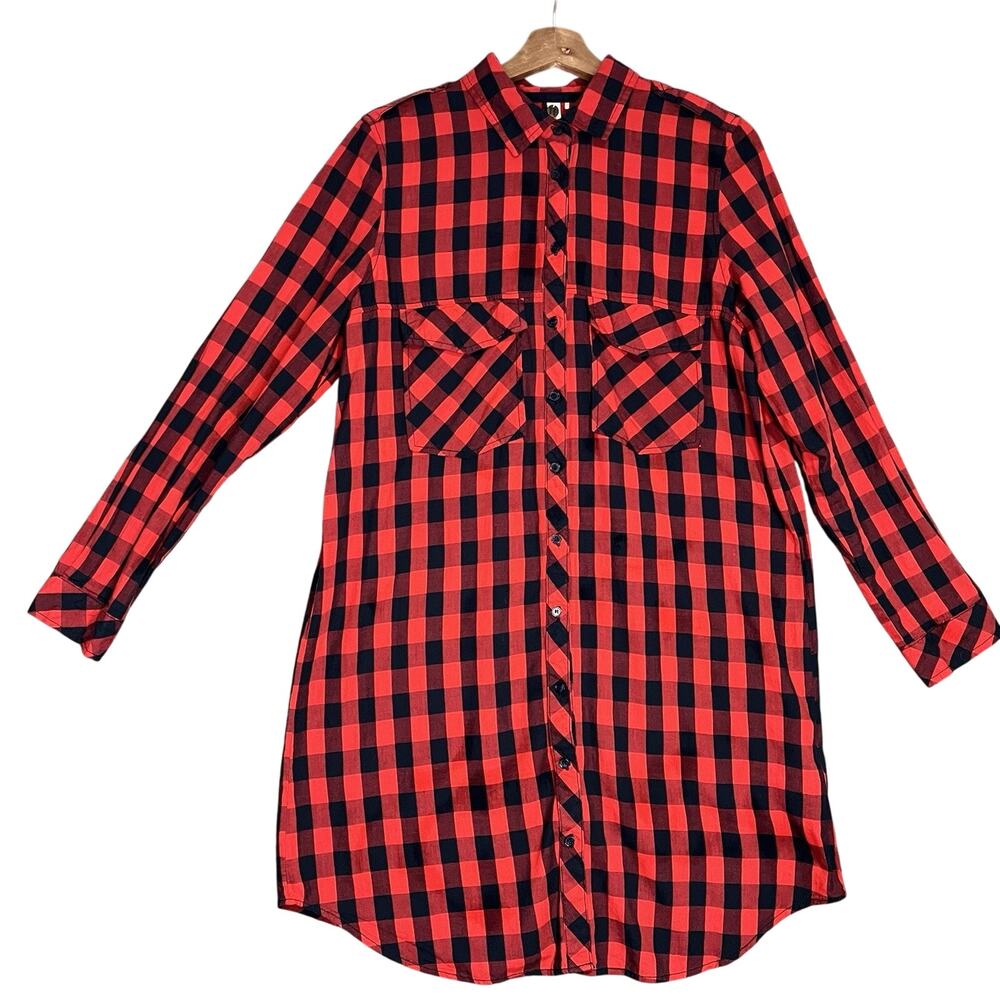 Skater Girl Sz L Long Sleeve Buffalo Plaid Flannel Button Down 100% Cotton Dress